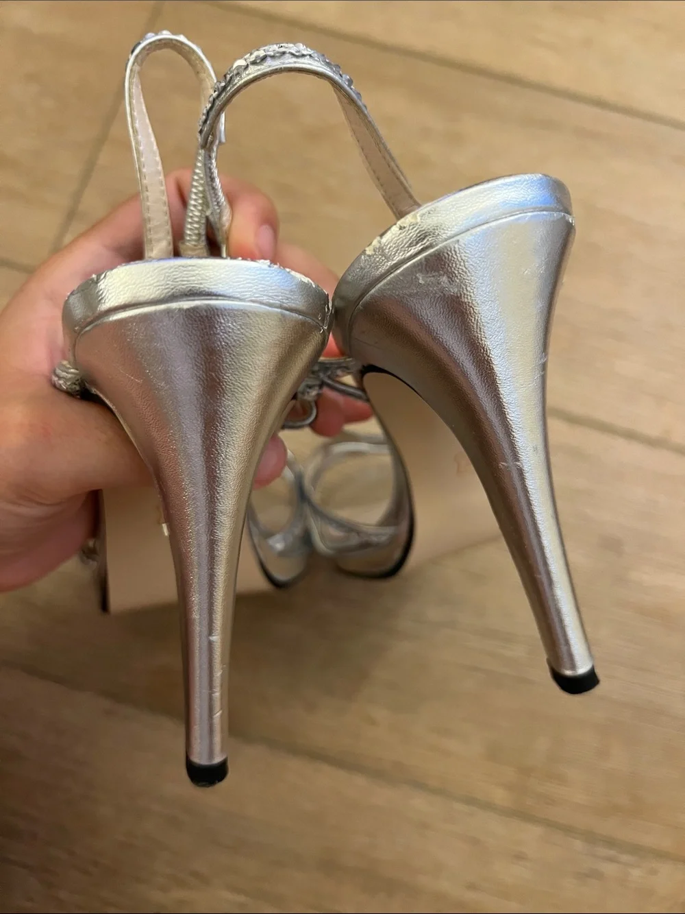 Caparros Silver Metallic Stiletto Slingback Heels Sequin Strap 7